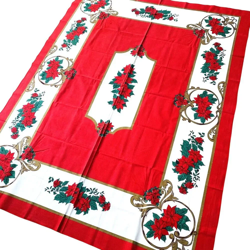Christmas Tablecloth Vintage 1990's Festive Holiday Table Cover Red White Green